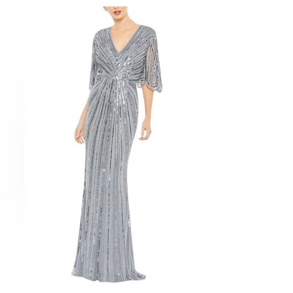 Mac Duggal 93583 Cape Sleeve Sequin Gown in Slate Blue | Size 8 - Picture 3 of 11